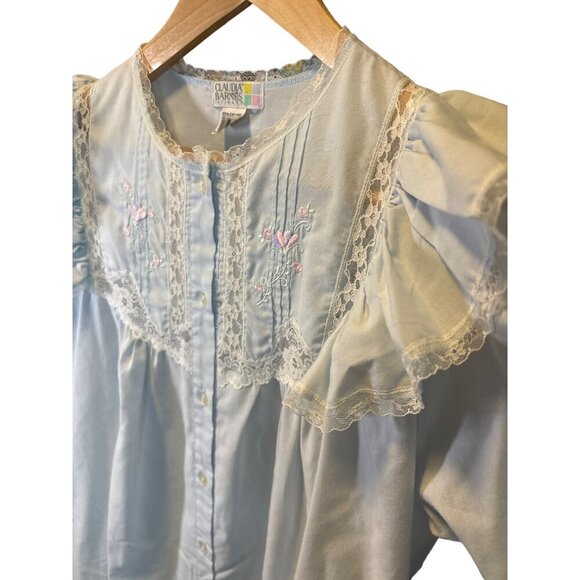 Vintage Claudia Barnes Nightgown Ruffled Lace Smocking Blue Button Front Size M - Picture 6 of 10